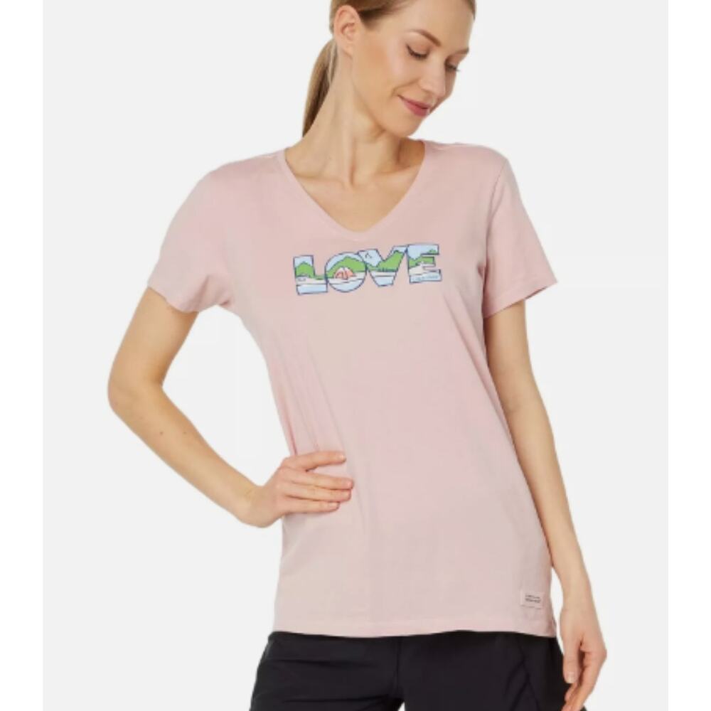 Life is Good Women's Love Outdoors Crusher-LITE Vee T-Shirt XL Pink Short Sleeve